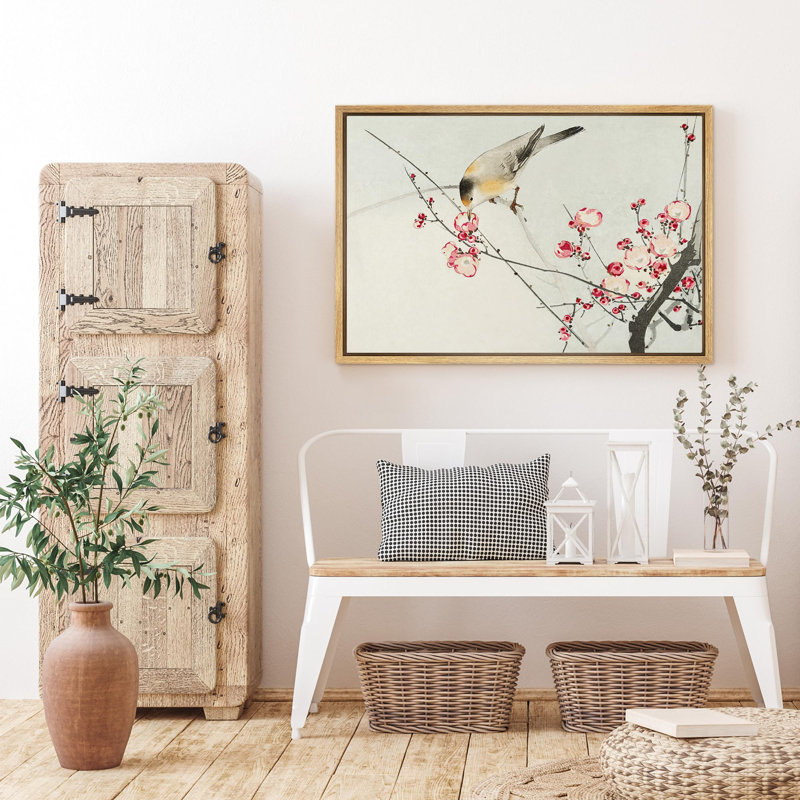 Oiseau et fleurs de cerisier, H 24 po x l 16 po, Naturel