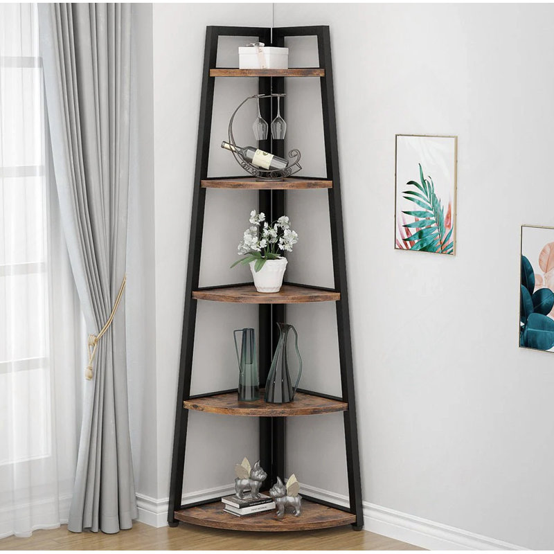5 Tier Rustic Brown Corner Bookshelf Bookcase Industrial Corner Ladder Shelf Plant Stand, Rustic Brown