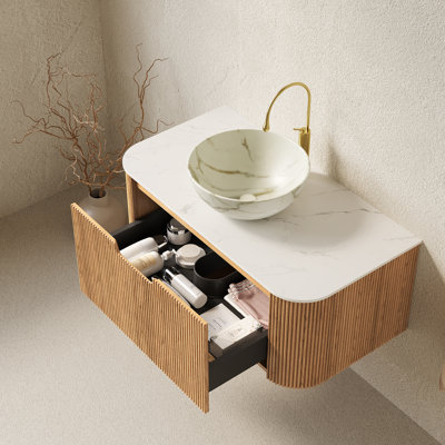 Meuble-lavabo pour salle de bain, meuble de rangement rayé à bords arrondis avec 2 tiroirs, cuve en céramique et plateau en pierre frittée