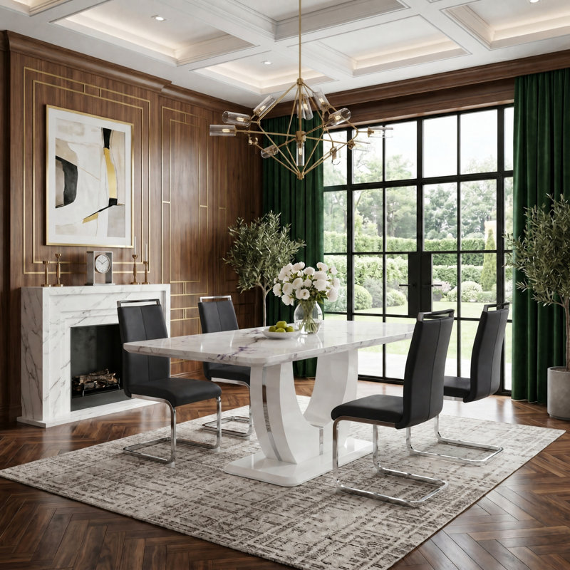 Modern 5-Piece Rectangular Faux Marble Dining Table Set, Black, White