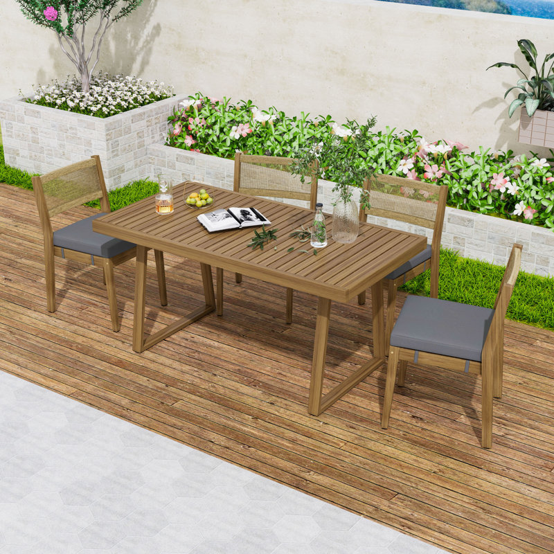 5-Piece Acacia Wood Outdoor Dining Set with Patio Table, 4 Chairs and Thick Cushions for Balcony, Gray