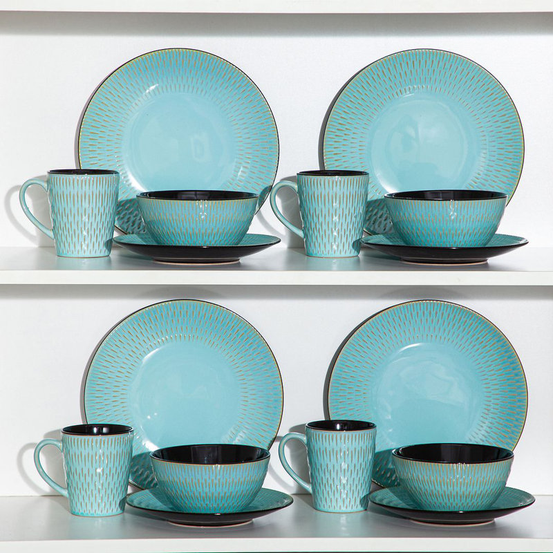 16-Piece Reactive Glazed Stoneware Dinnerware Set, Service For 4, Green