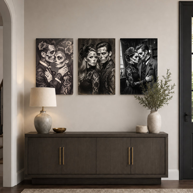 Couple de crânes mexicains en noir et blanc, ensemble de 3 toiles murales pour l'Halloween, H 18 po x l 12 po x 3 pièces