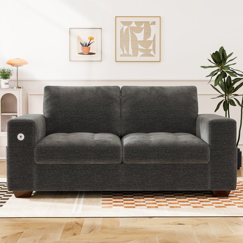 Traub 70'' Upholstered Chenille Loveseat Sofa With Storage Pockets Couches And USB Charging Port, Dark Gray