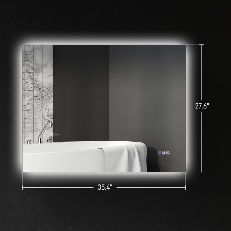 Miroir de salle de bain 35 po x 28 po avec lumières à DEL, brouillard, intensité variable, température de couleur réglable, mémoire, fixation murale, horizontal / vertical, Cri90 +, résistant à l'eau, imperméable à l'eau IP44, envers en alliage d'aluminium, IP44, aluminium