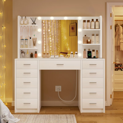 Vanity Desk With Mirror And Lights, Power Outlet, Makeup Vanity Table With 11 Drawers, 4 Open Storage Shelves & 5 Hooks, 3 Lighting Modes Brightness Adjustable, Vanity Table For Bedroom, White