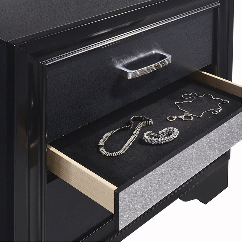 Table de chevet 2 tiroirs en MDF avec 1 tiroir à bijoux, noir