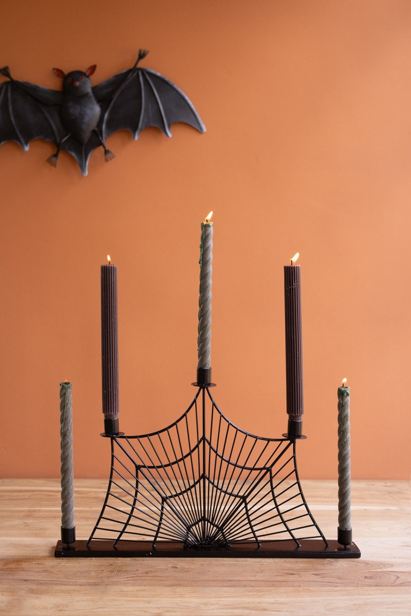  Halloween Spider Web Wire Taper Candle Candelabra Black Metal - 19.50" L
