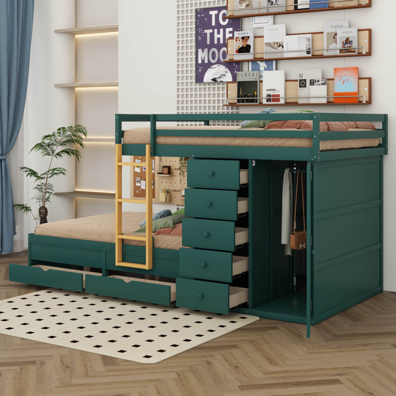 Lit superposé double avec garde-robe, 2 grands tiroirs et 5 petits tiroirs, lit superposé en bois avec échelle, garde-corps
