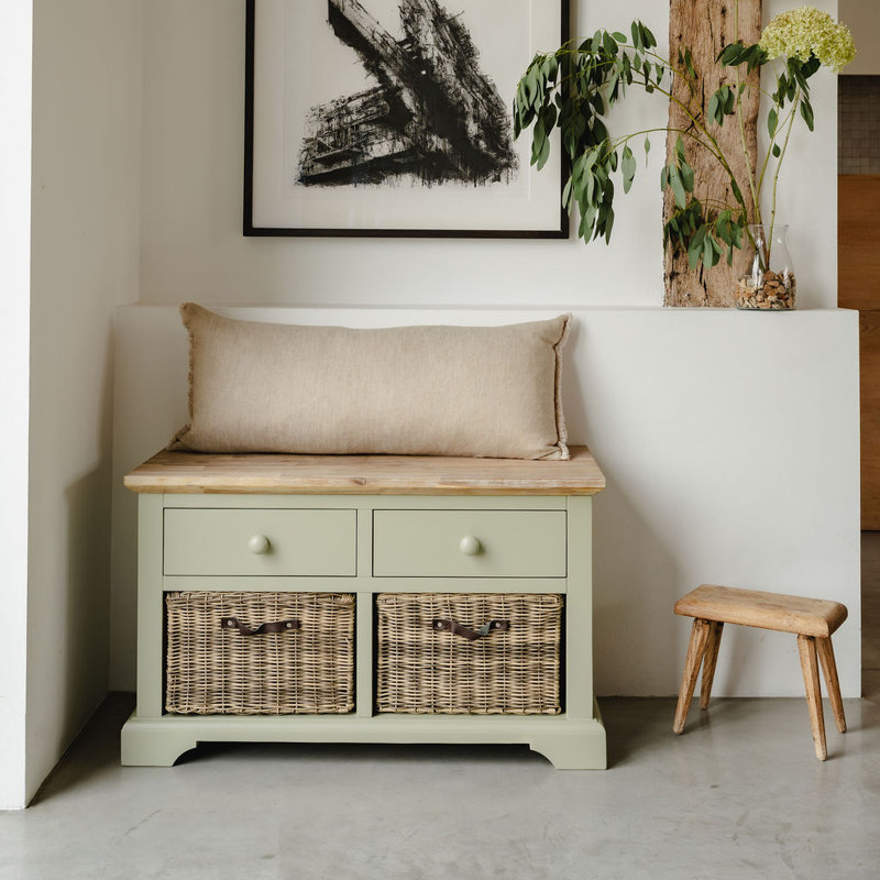 Doria Upholstered Bench with Drawers and Cubby, Sage Green