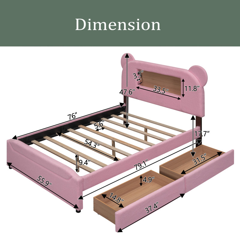 Lit double avec rangement double, Rose