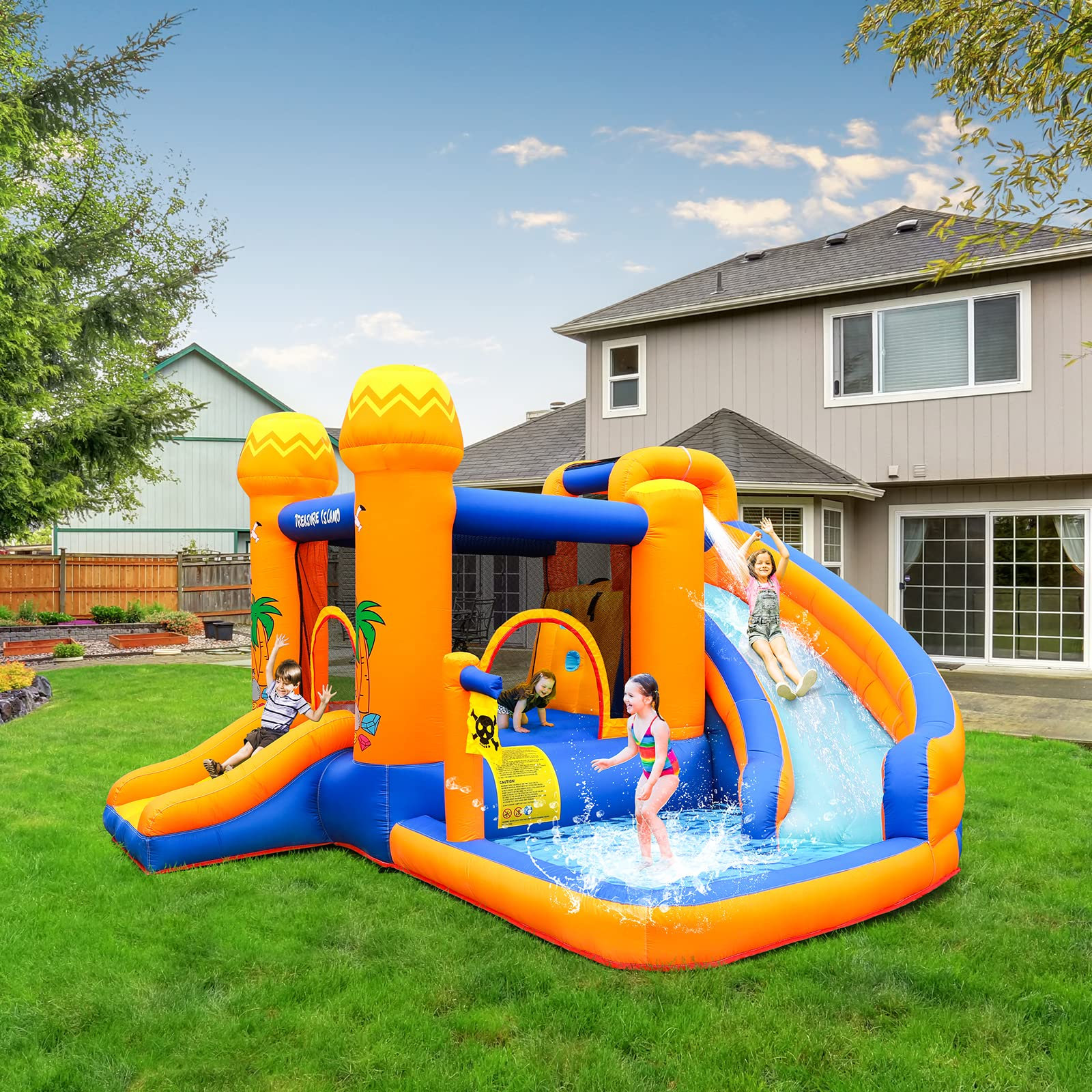 Pirecart 11' x 11' Bounce House with Water Slide and Air Blower