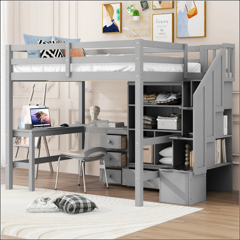 Lit mezzanine double avec bureau en L et tiroirs