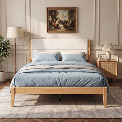 Mid-Century Modern Platform Bed Frame with Upholstered Headboard, Solid Wood Slat Support, No Box Spring Needed, Easy Assembly, King Size