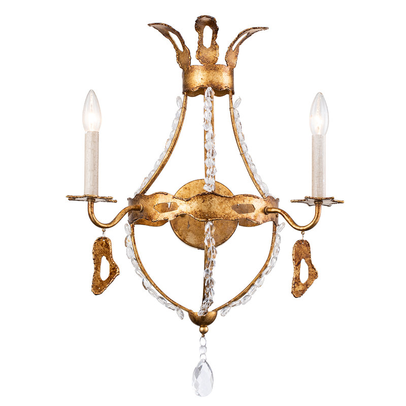 Applique murale 2 lumières Fernande Monteleone en feuille d'or avec perles en cristal