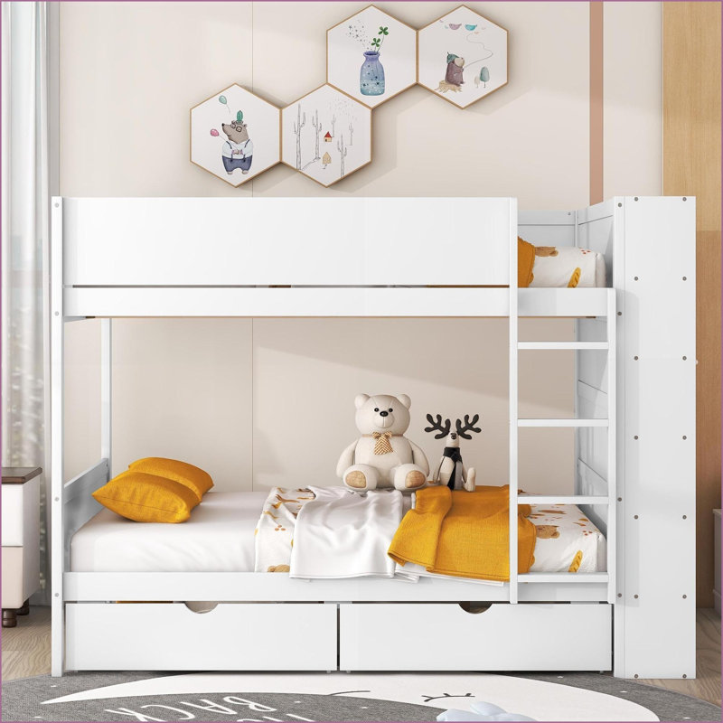 Full Over Full Bunk Bed with 2 Drawers &amp; Cabinet – Pinewood Frame, White, Space-Saving No Box Spring, Full, White