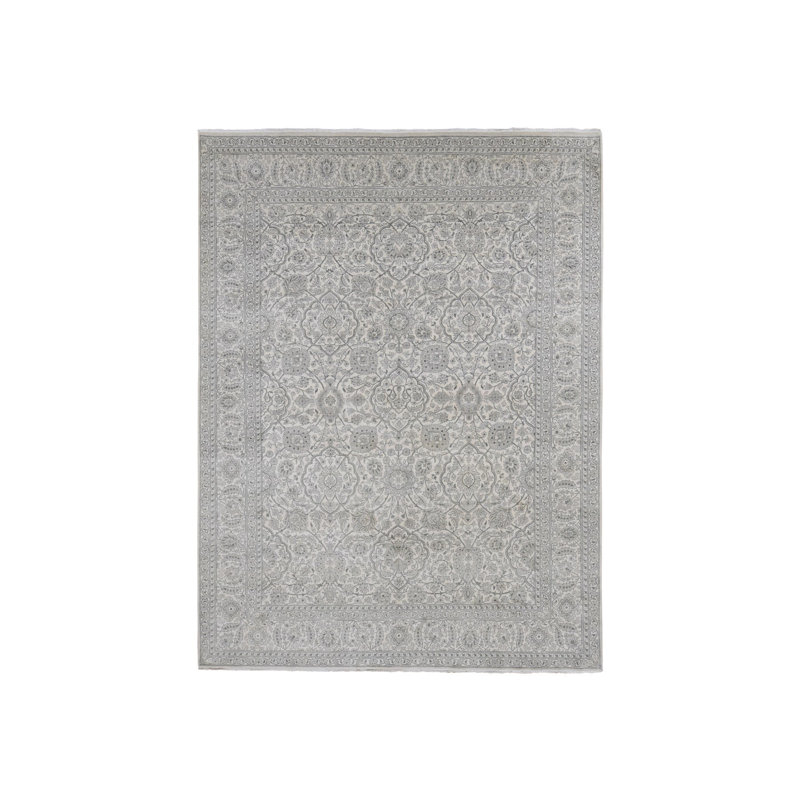 Tapis oriental rectangulaire en soie ivoire noué à la main 8 pi 10 po x 12 pi 0 po - MOA10287155