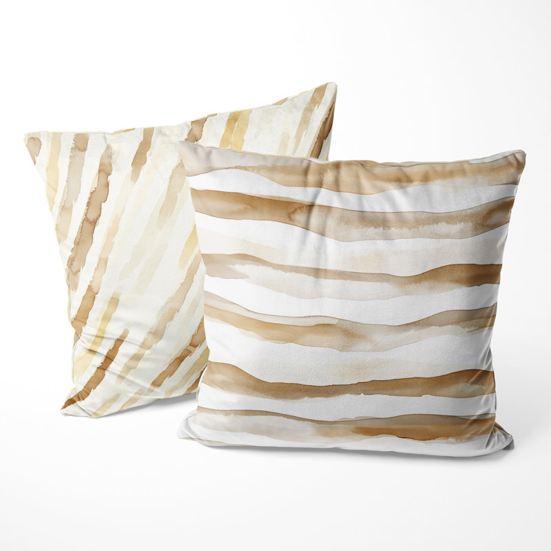 Coussin décoratif rayé 2 pièces - lignes de blé brun et jaune, H 18 po x l 18 po