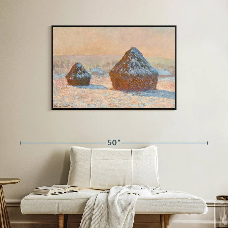 Wheatstacks Snow Effect Morning 1891, Cadre flottant noir, 40 po x 27 po