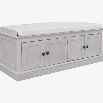 Storage Bench With 4 Doors And Adjustable Shelves, Shoe Bench With Removable Cushion For Living Room, Entryway (Gray Wash)