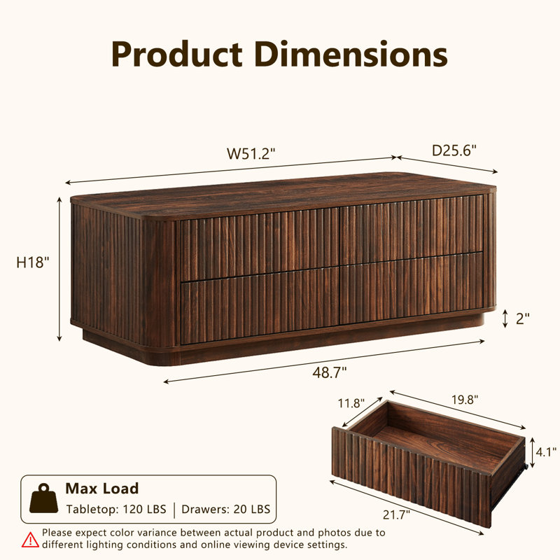 52"W Fluted Coffee Table with 4 Drawers, Dark Walnut