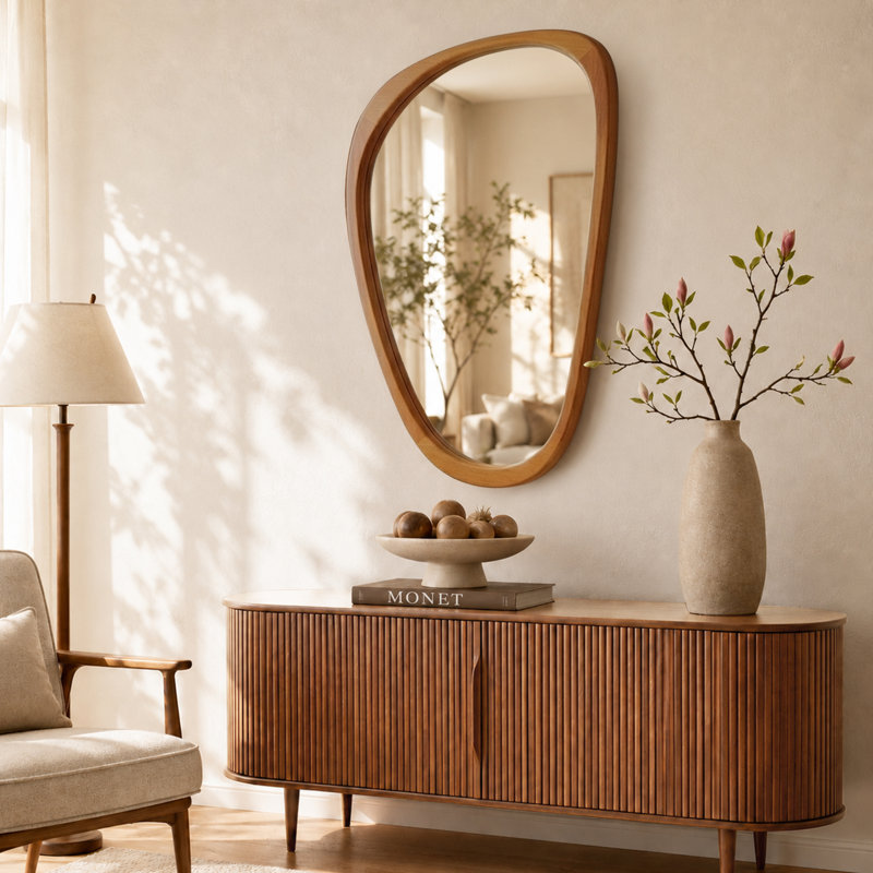 Solid Wood Asymmetrical Accent Mirror, Warm Walnut, 36" x 24"