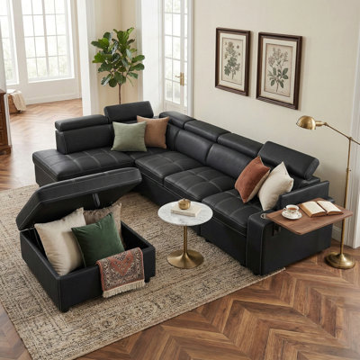 113'' Leather Sectional Sleeper Sofa With Pull Out Bed, Storage Ottoman & Rotating Side Table