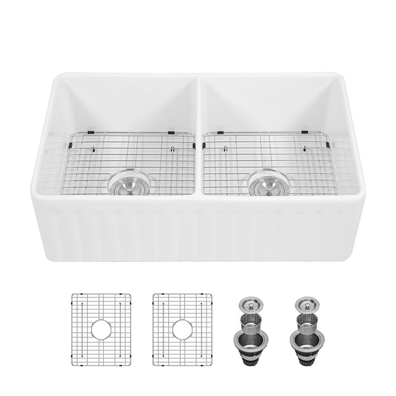 33'' L Farmhouse / Apron Double Bowl Ceramic Kitchen Sink
