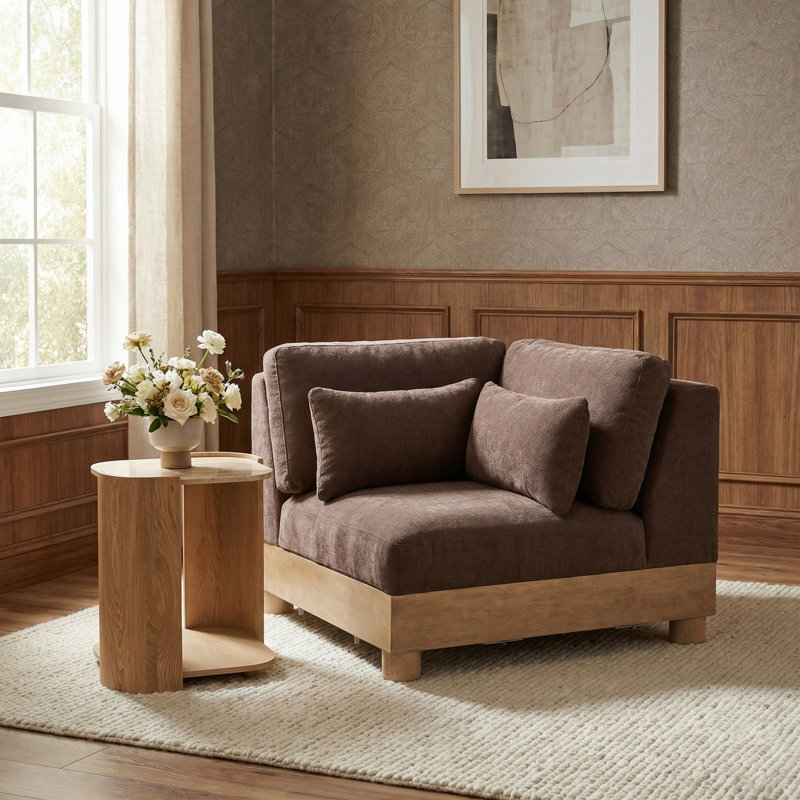 Fauteuil d'angle rembourré Turin, Tissu chenille brun, Naturel