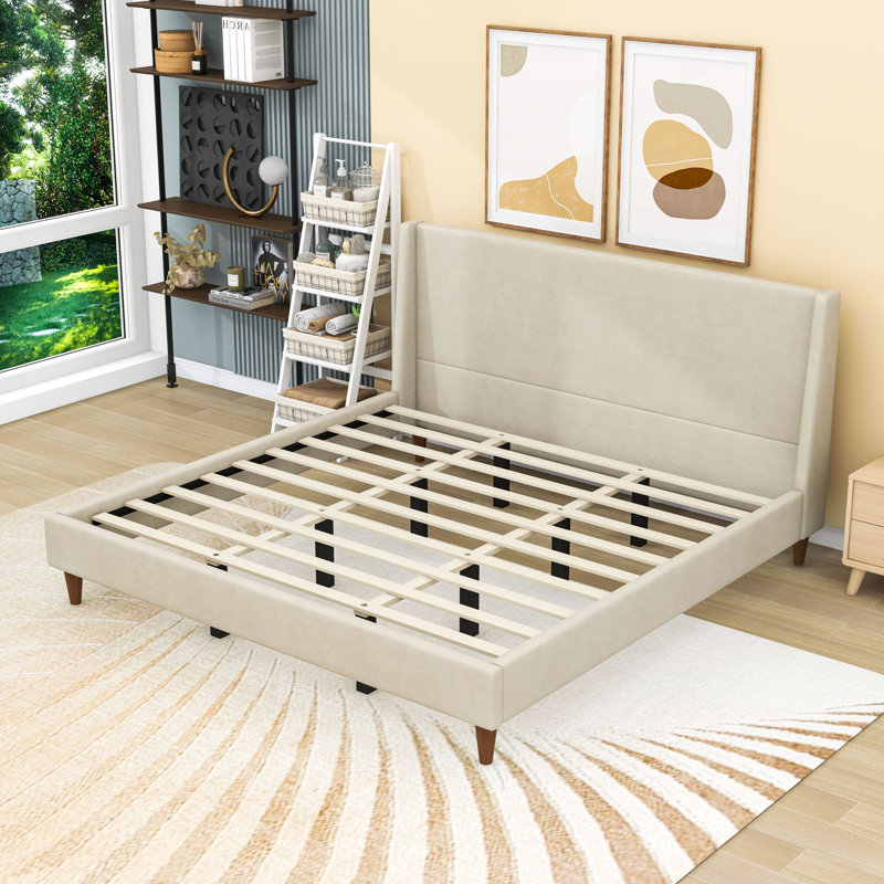 Lit plateforme tapissier avec tête de lit à oreilles et pieds centraux, Très grand lit, Beige