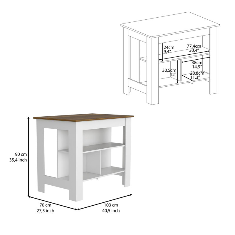 Îlot de cuisine, trois tablettes, finition blanche / noyer