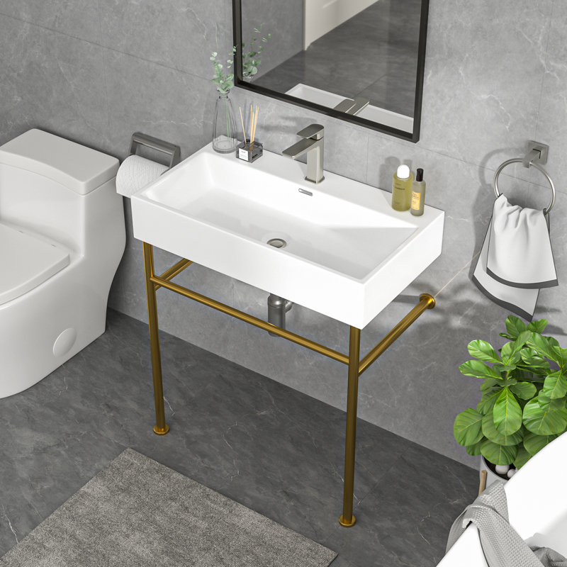 Lavabo de salle de bain console mural en céramique avec trop-plein et base 31,5 "x 16,3", Blanc / or mat