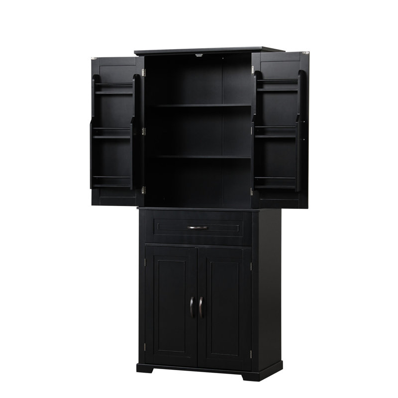 Armoire de rangement noire pour la salle de bain avec porte et tiroir pour plus de polyvalence - 1 tablette réglable, 4 portes, tiroir et rangement spacieux