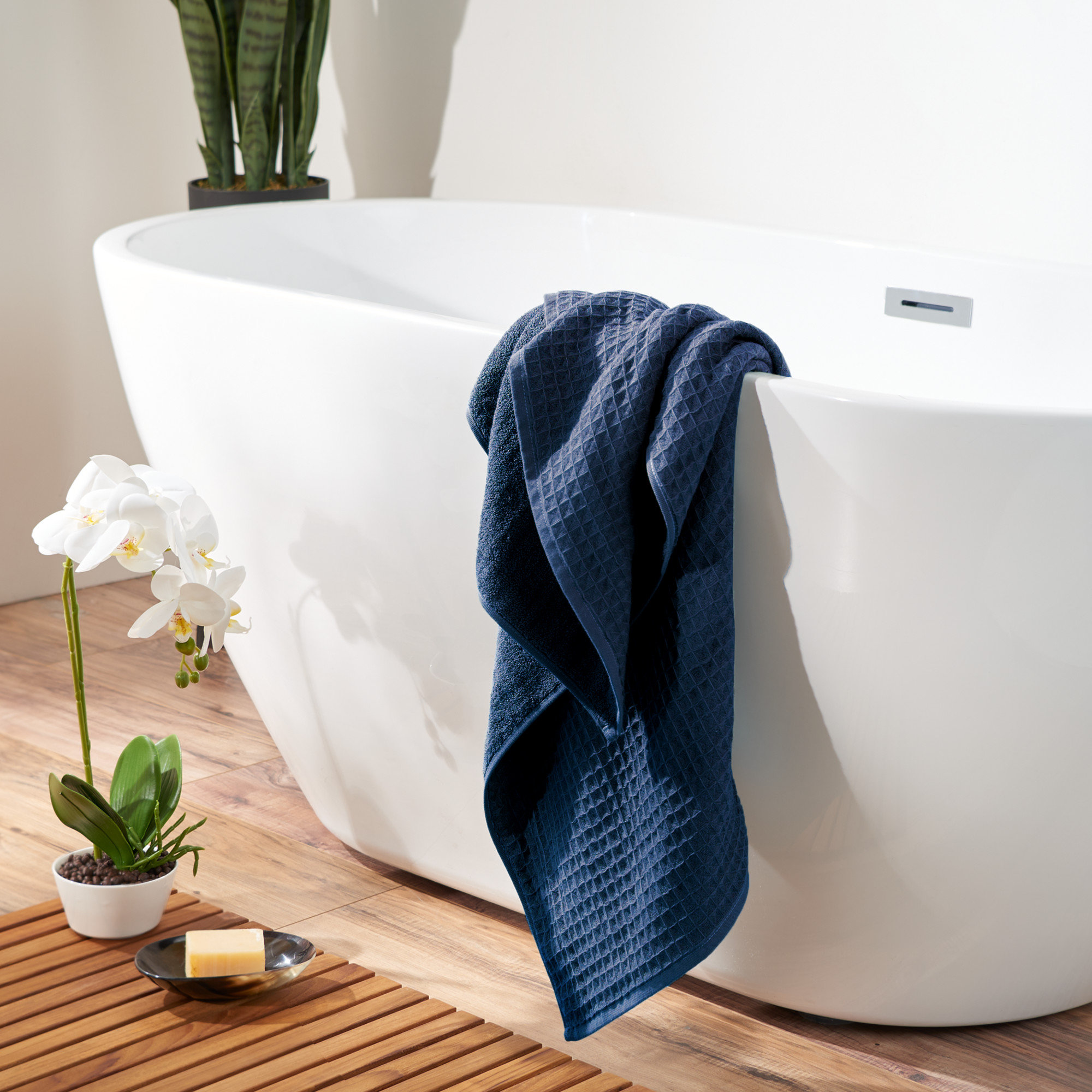 Waffle Twist 100% Cotton Bath Towel, 6 Piece Bath Towel Set, Blue