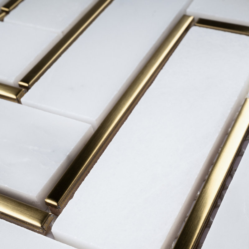 Natural Bianco 1" x 3" Marble Chevron Mosaic Wall Tile, White/Gold