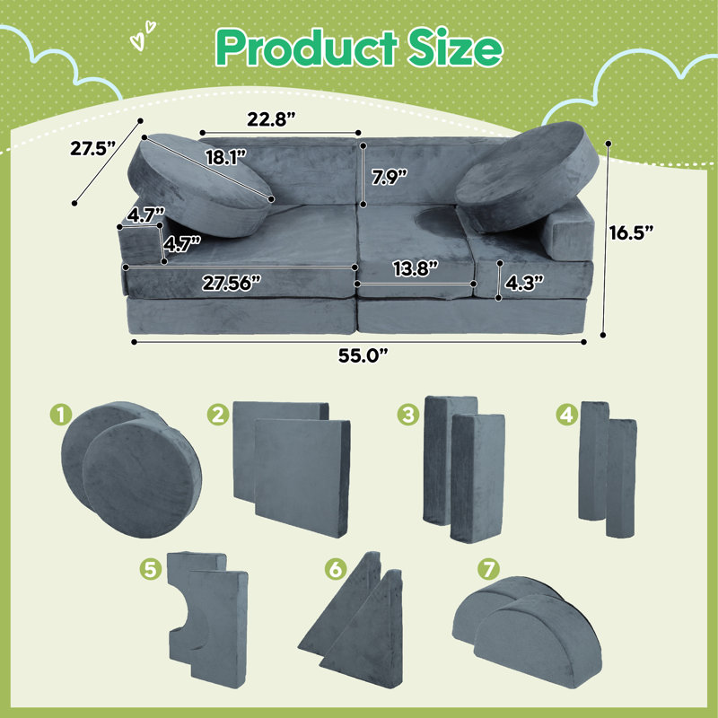 Canapé pour enfants, canapé modulaire pour tout-petits de 14 pièces, Gris