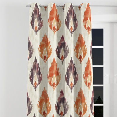 Country Farmhouse Window curtains - Classic Farmhouse Orange And Beige Clay Ikat Grommet Curtain - 1 Panel