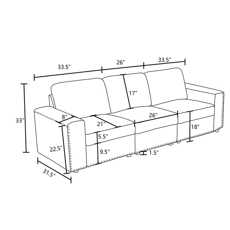 Canapé 2 pièces en tissu 67 po , Gris, H 33 po x l 67 po x P 31,5 po