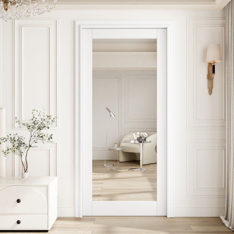 Porte de miroir de 36 po x 80 po, porte de dalle intérieure de qualité supérieure 1-Lite, porte de dalle intérieure apprêtée à peindre blanc, sans quincaillerie, parfaite pour la chambre à coucher, le placard, le couloir, le salon, le garde-manger et la salle de bain, idéale pour la grange Poche, portes françaises et pliantes