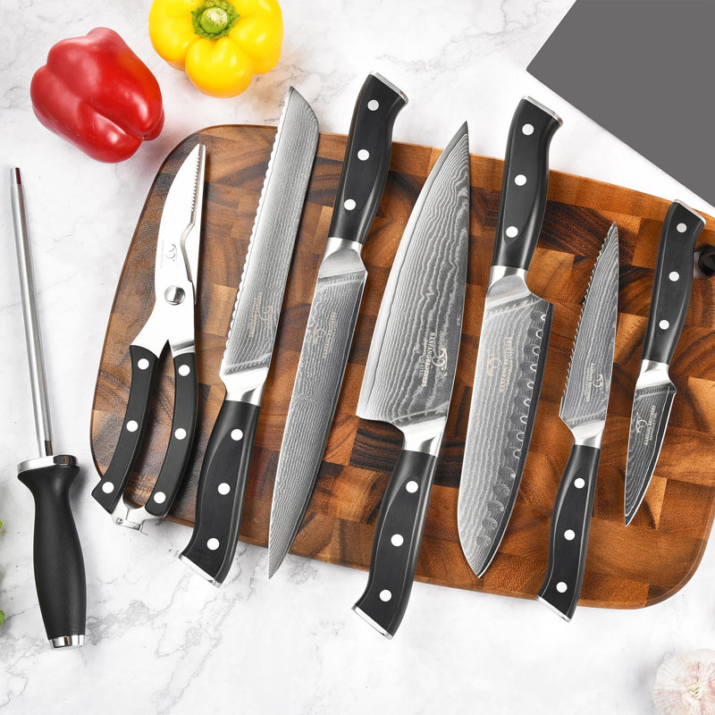 Ensemble de couteaux, ensemble de couteaux de cuisine 9 pièces avec bloc Damas, poignée ergonomique en ABS pour ensemble de couteaux de chef, affûteur et ciseaux de cuisine, ensemble de couteaux