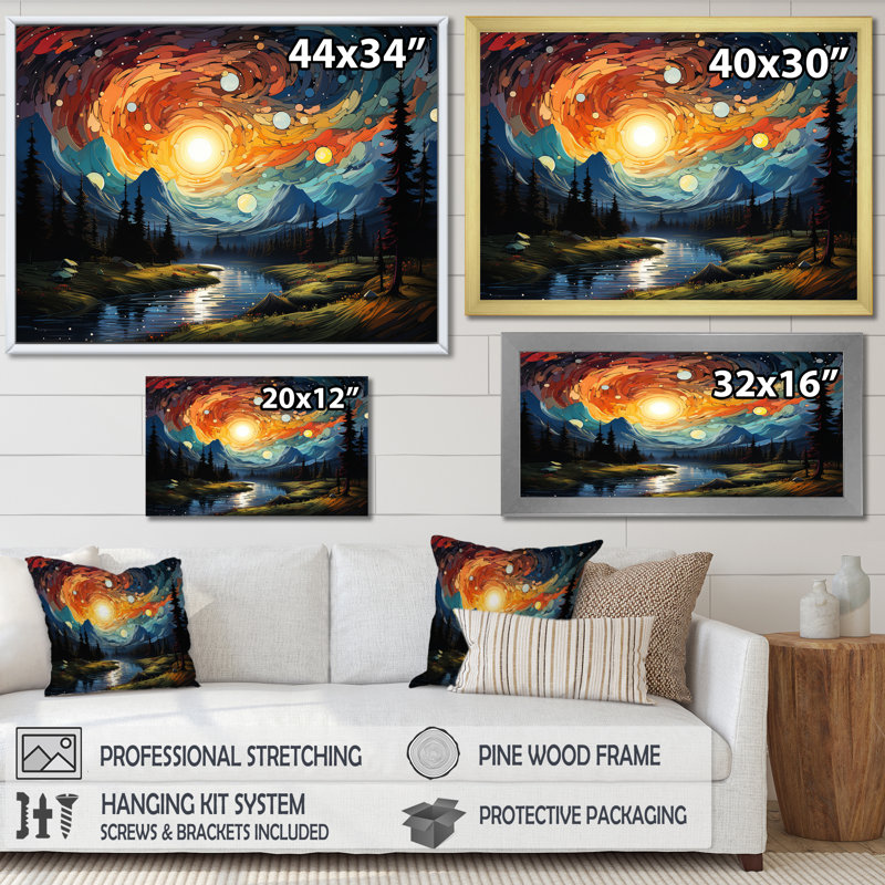 «Yellow Mountain Moon Galatic III - Forêt et rivière», art mural, Cadre de coin blanc fermé, H 12 po x l 20 po x P 1 po