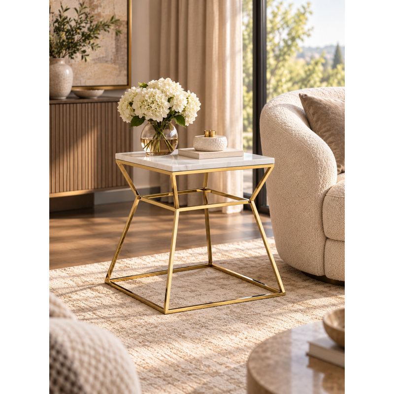     Geo Pedestal End Table - Gold Marble Side Table – Modern Luxury Stone Accent Table - White Marble Side Table