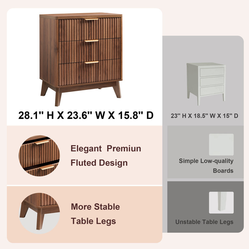Table de chevet cannelée en bois avec 3 tiroirs, table de chevet haute pour lit moderne Rhyth, 23,6 po x P 15,8 po x H 28,3 po