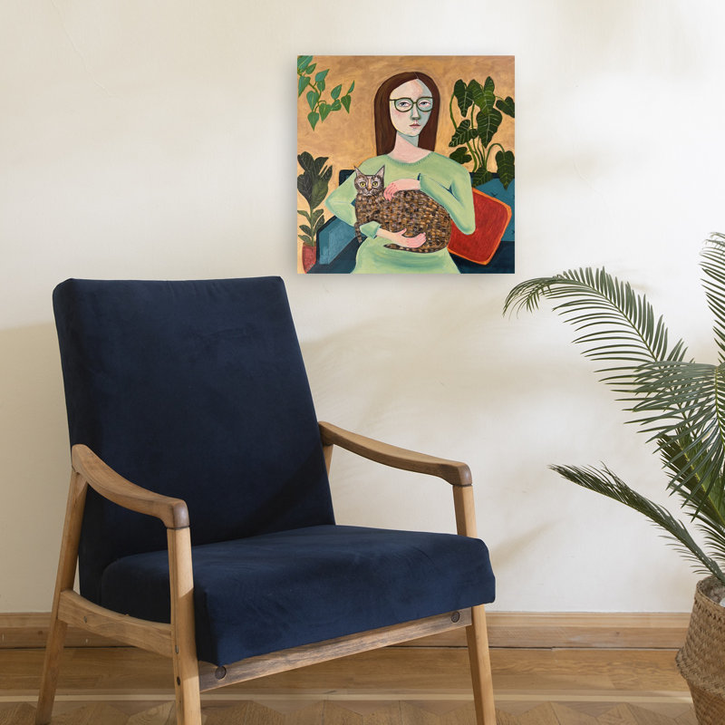 Cozy Woman with Cat Contemporary Peaceful Cat, art mural, 18" H x 18" W