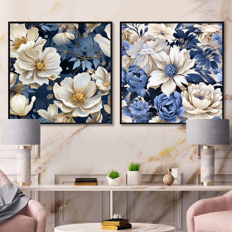 Oxley - Ensemble de 2 collages floraux carrés, Cadre flottant noir, H 16 po x l 33 po