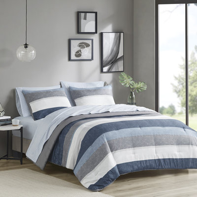 Queen Stripe Comforter Set With Complete Sheet Set – Hypoallergenic Antimicrobial Microfiber Bedding