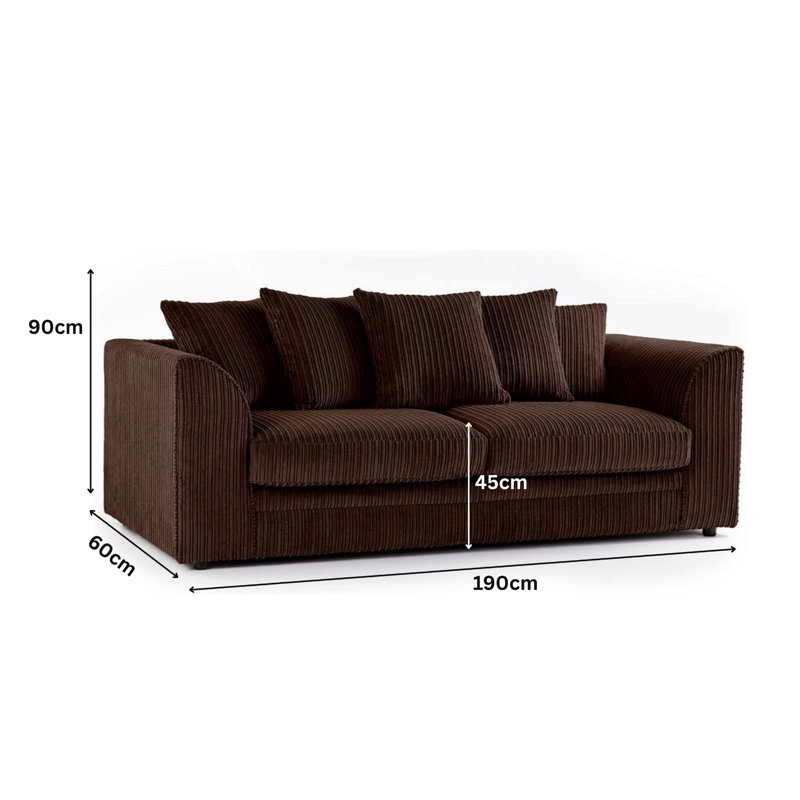 3 Seater Corduroy Sofa, 90cm H x 190cm W x 90cm D, Dark Brown