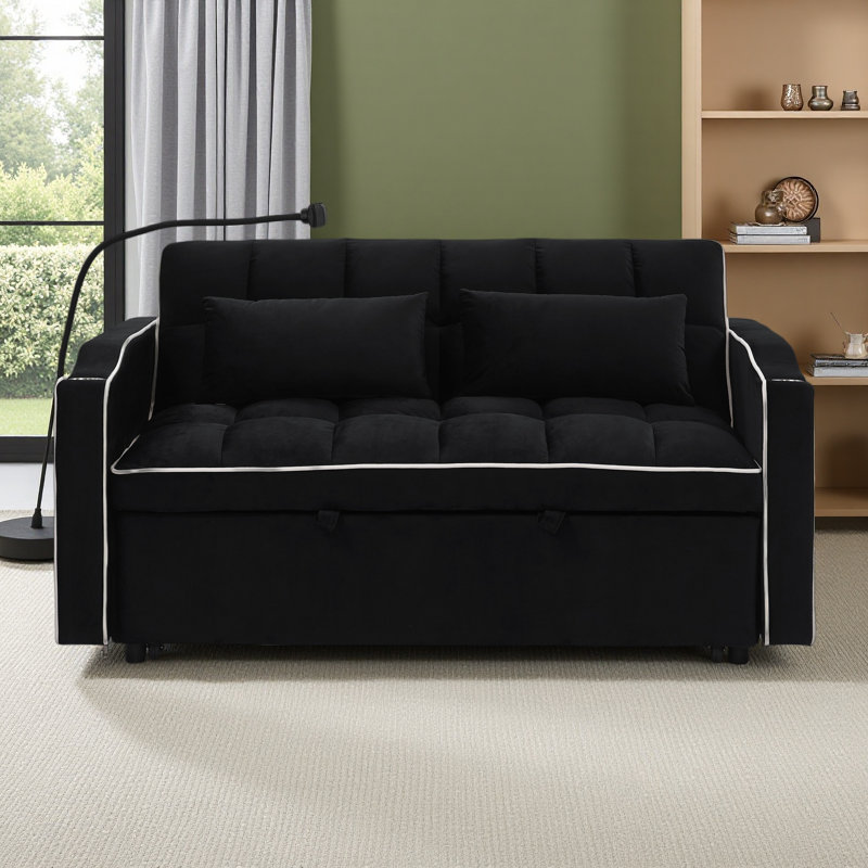 Canapé-lit convertible polyvalent en 3 longueurs, en velours moderne, avec lit escamotable et dossier réglable, port USB, cendrier et support de téléphone pivotant.