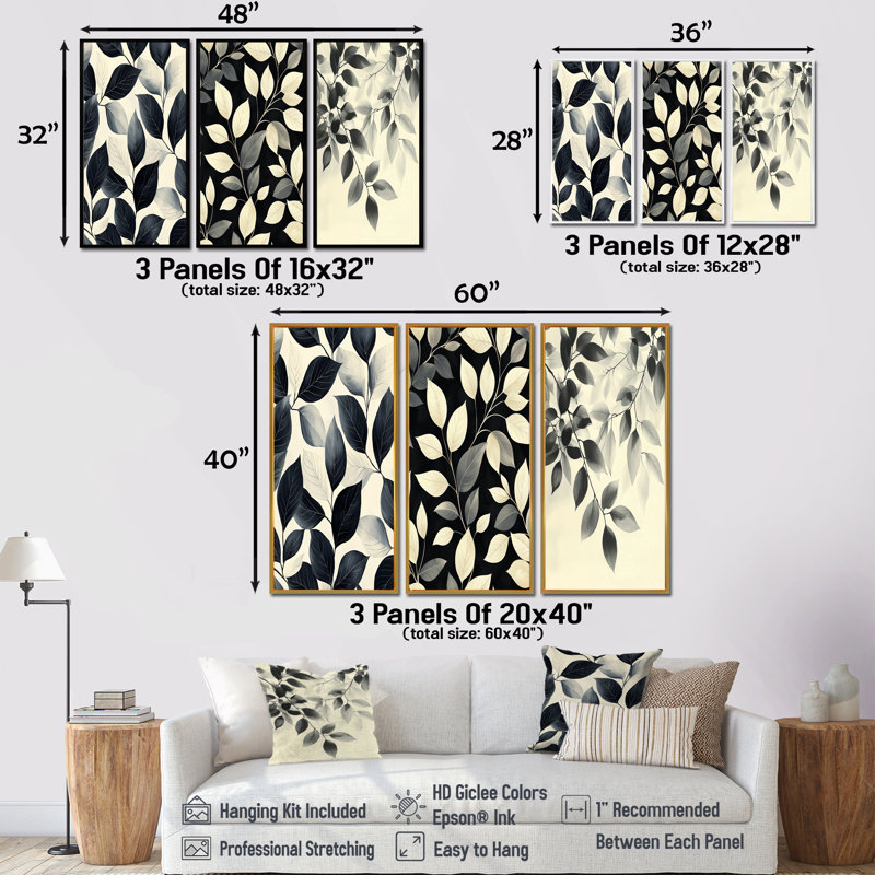 Feuilles noires et beiges tendres doux - Collection de décorations murales traditionnelles dorées, H 28 po x l 36 po, Doré