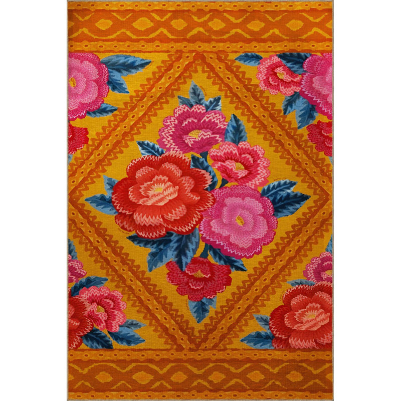 Orange Themed Pink Rose Patterned Modern Decorative Washable Rug, Rectangle 5'1" x 7'7" Rug Pad Included